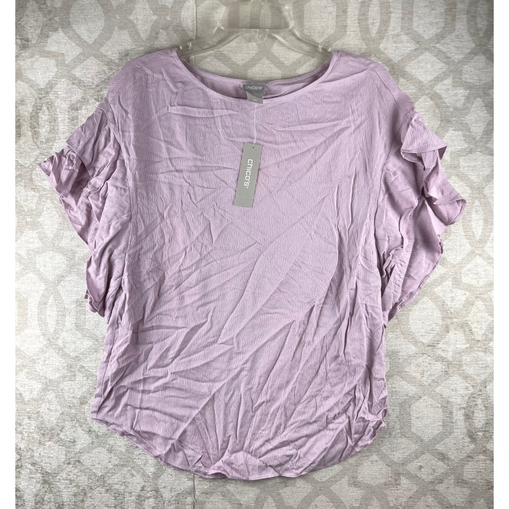 Chico's Flutter Sleeve Top Women Size 0 Small Lavender NWT Textured Rayon